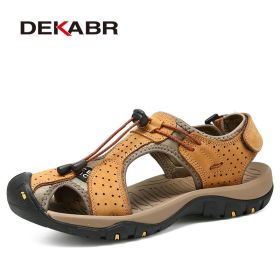 Mens Outdoor Trekking Sandals Summer Breathable Flat Light Fashion Beach Shoes Genuine Leather Luxury Men Sandals (Color: 04 Yellow Brown, size: 6.5)